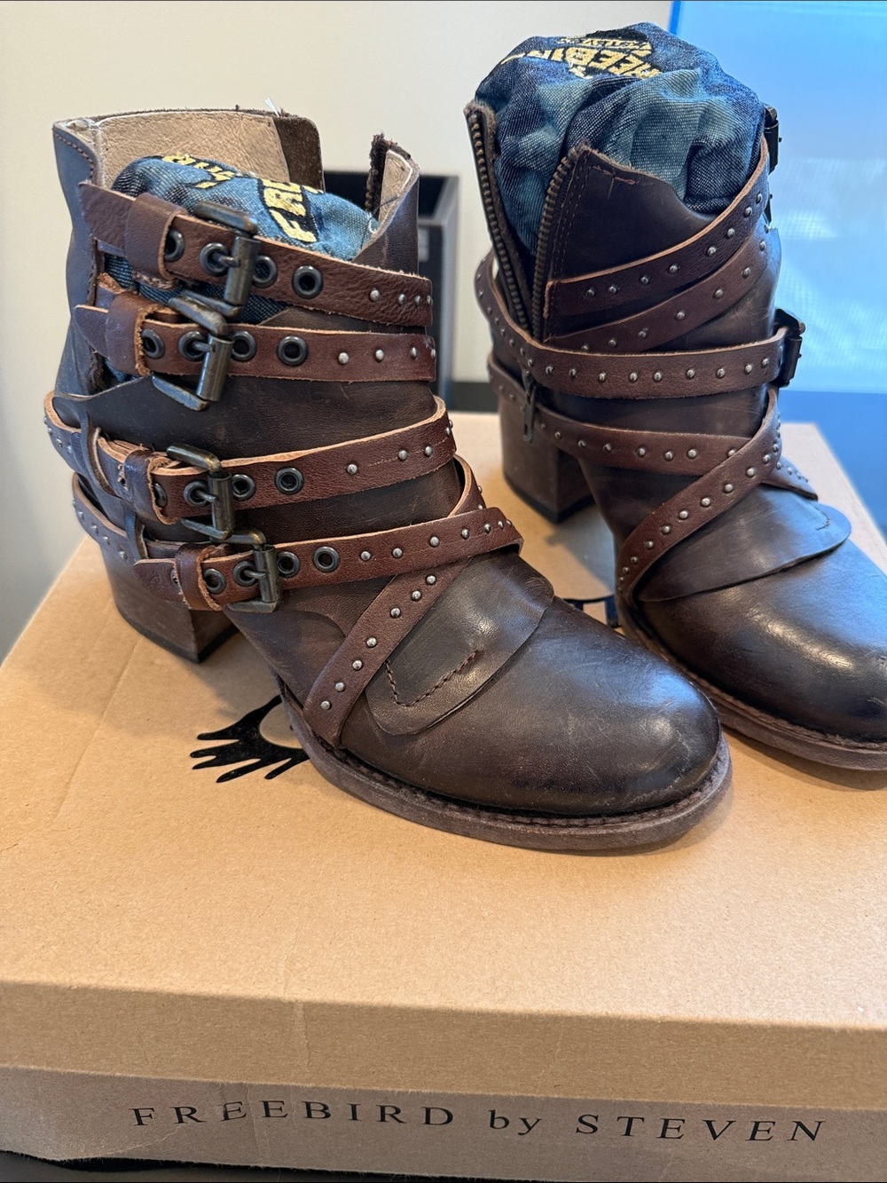 Freebird by Steven Dark Brown Leather Strappy Studded Ankle Boots Caleb